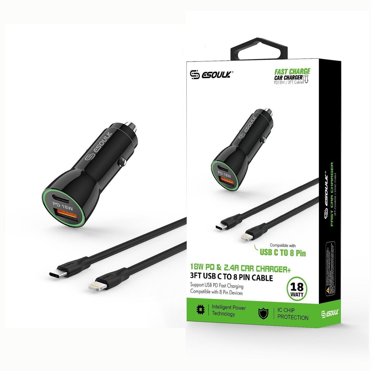 Esoulk Black 18W PD Charger USB-A 3ft C To iPhone Cable