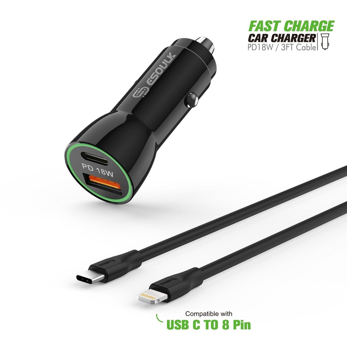 Esoulk Black 18W PD Charger USB-A 3ft C To iPhone Cable