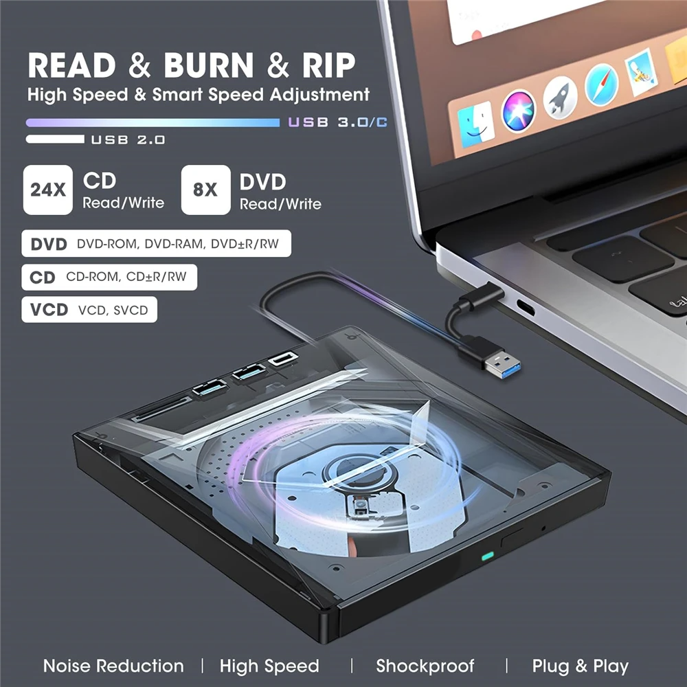 External CD DVD Drive USB 3.0 Writer Burner Player for PC Laptop Windows 11 10