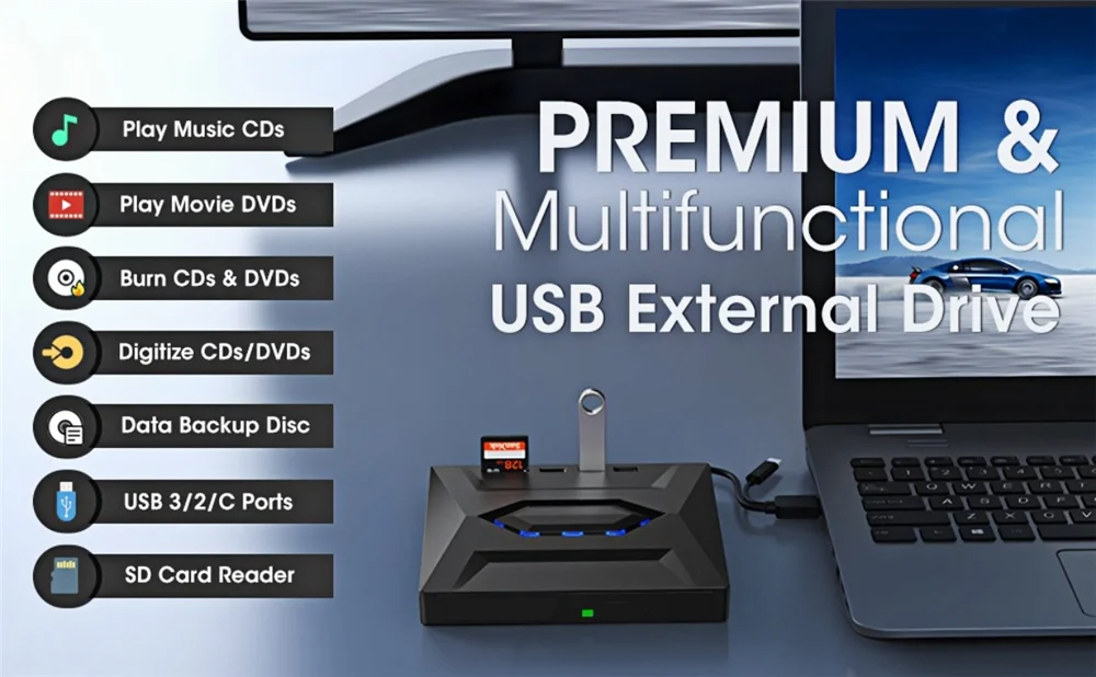 External CD DVD Drive USB 3.0 Writer Burner Player for PC Laptop Windows 11 10
